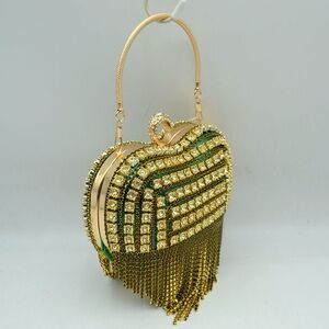 Gold Crystal-Embellished Heart Fringe Evening Bag